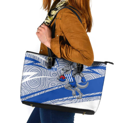 North Melbourne Kangaroos Australian Football Leather Tote Bag Kangaroo Mascot Design With Indigenous Pattern Art