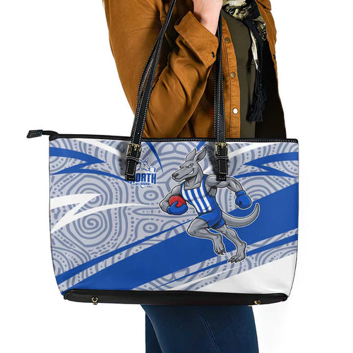 North Melbourne Kangaroos Australian Football Leather Tote Bag Kangaroo Mascot Design With Indigenous Pattern Art