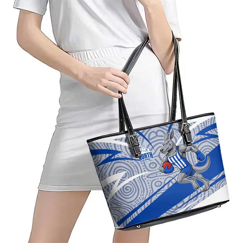 North Melbourne Kangaroos Australian Football Leather Tote Bag Kangaroo Mascot Design With Indigenous Pattern Art