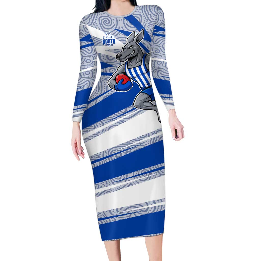 North Melbourne Kangaroos Australian Football Long Sleeve Bodycon Dress Kangaroo Mascot Design With Indigenous Pattern Art
