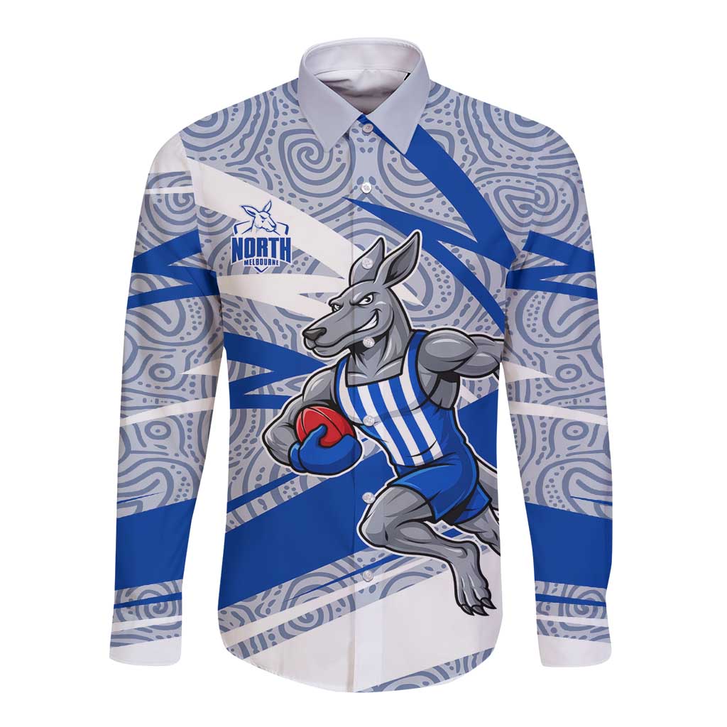North Melbourne Kangaroos Australian Football Long Sleeve Button Shirt Kangaroo Mascot Design With Indigenous Pattern Art