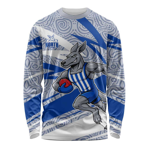North Melbourne Kangaroos Australian Football Long Sleeve Shirt Kangaroo Mascot Design With Indigenous Pattern Art