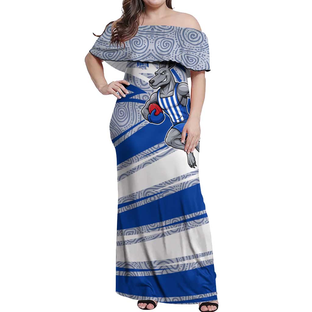 North Melbourne Kangaroos Australian Football Off Shoulder Maxi Dress Kangaroo Mascot Design With Indigenous Pattern Art