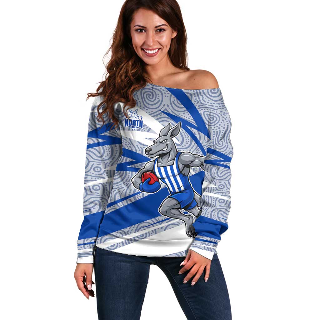 North Melbourne Kangaroos Australian Football Off Shoulder Sweater Kangaroo Mascot Design With Indigenous Pattern Art