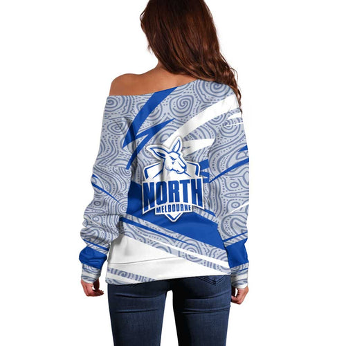 North Melbourne Kangaroos Australian Football Off Shoulder Sweater Kangaroo Mascot Design With Indigenous Pattern Art