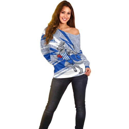 North Melbourne Kangaroos Australian Football Off Shoulder Sweater Kangaroo Mascot Design With Indigenous Pattern Art