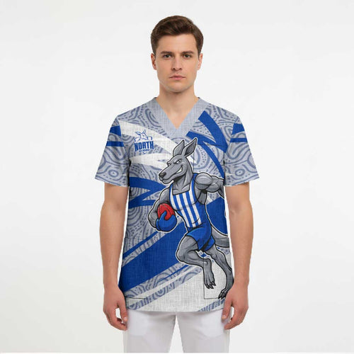 North Melbourne Kangaroos Australian Football Scrub Top Kangaroo Mascot Design With Indigenous Pattern Art