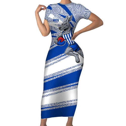 North Melbourne Kangaroos Australian Football Short Sleeve Bodycon Dress Kangaroo Mascot Design With Indigenous Pattern Art