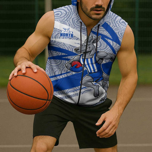North Melbourne Kangaroos Australian Football Sleeveless Zip Hoodie Kangaroo Mascot Design With Indigenous Pattern Art