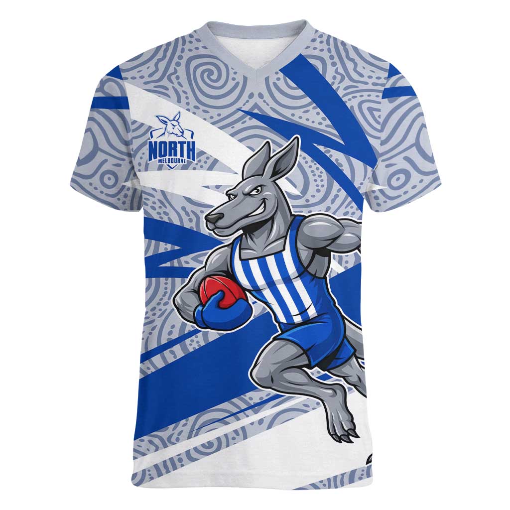 North Melbourne Kangaroos Australian Football Women V-Neck T-Shirt Kangaroo Mascot Design With Indigenous Pattern Art