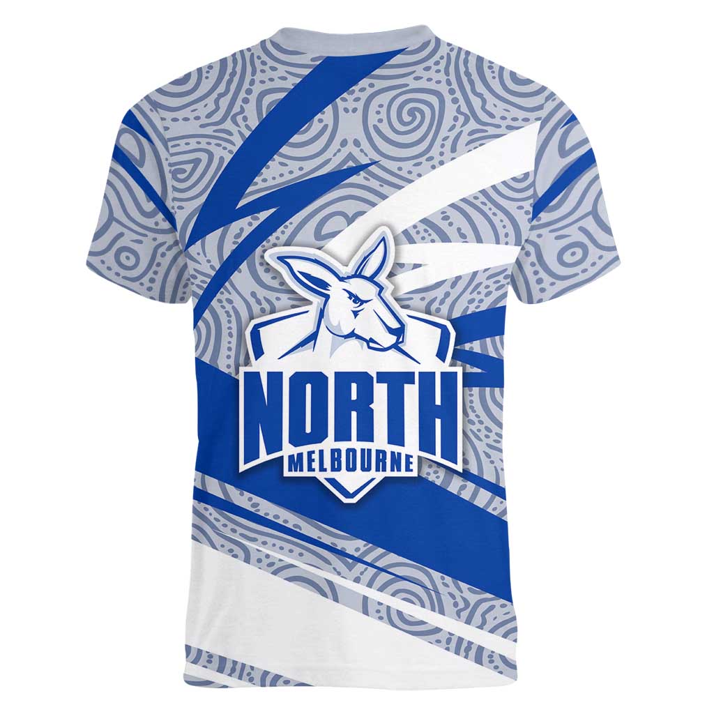 North Melbourne Kangaroos Australian Football Women V-Neck T-Shirt Kangaroo Mascot Design With Indigenous Pattern Art