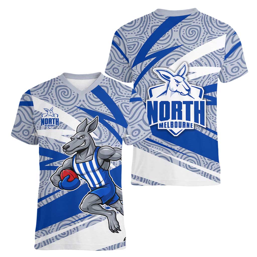 North Melbourne Kangaroos Australian Football Women V-Neck T-Shirt Kangaroo Mascot Design With Indigenous Pattern Art