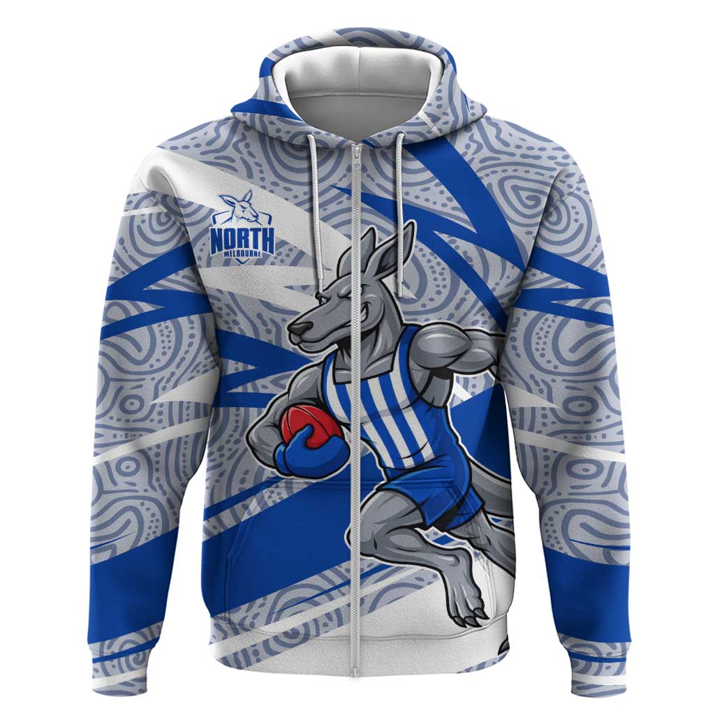 North Melbourne Kangaroos Australian Football Zip Hoodie Kangaroo Mascot Design With Indigenous Pattern Art
