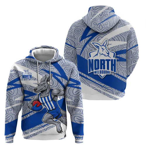 North Melbourne Kangaroos Australian Football Zip Hoodie Kangaroo Mascot Design With Indigenous Pattern Art