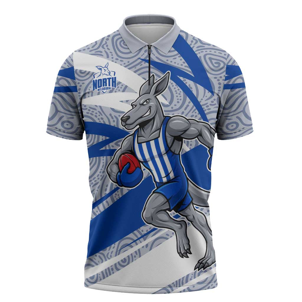 North Melbourne Kangaroos Australian Football Zipper Polo Shirt Kangaroo Mascot Design With Indigenous Pattern Art