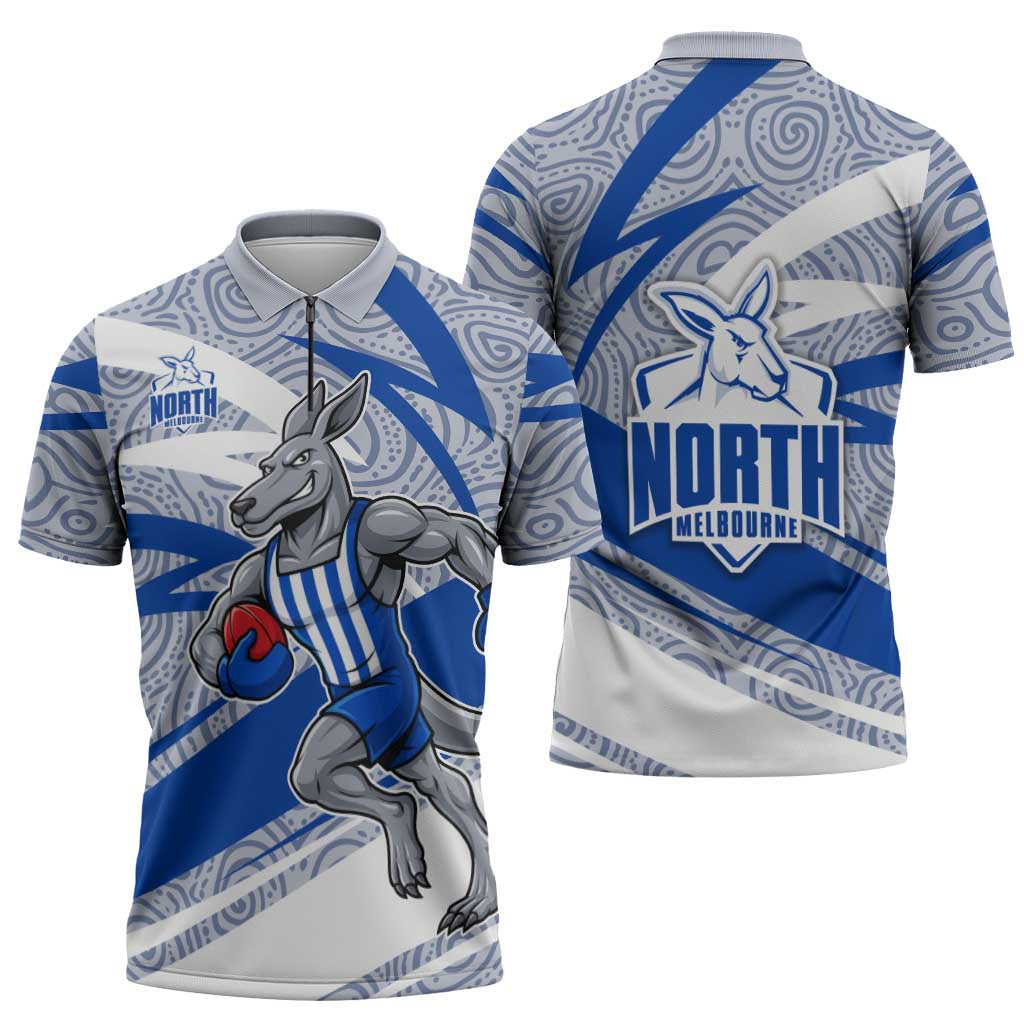 North Melbourne Kangaroos Australian Football Zipper Polo Shirt Kangaroo Mascot Design With Indigenous Pattern Art