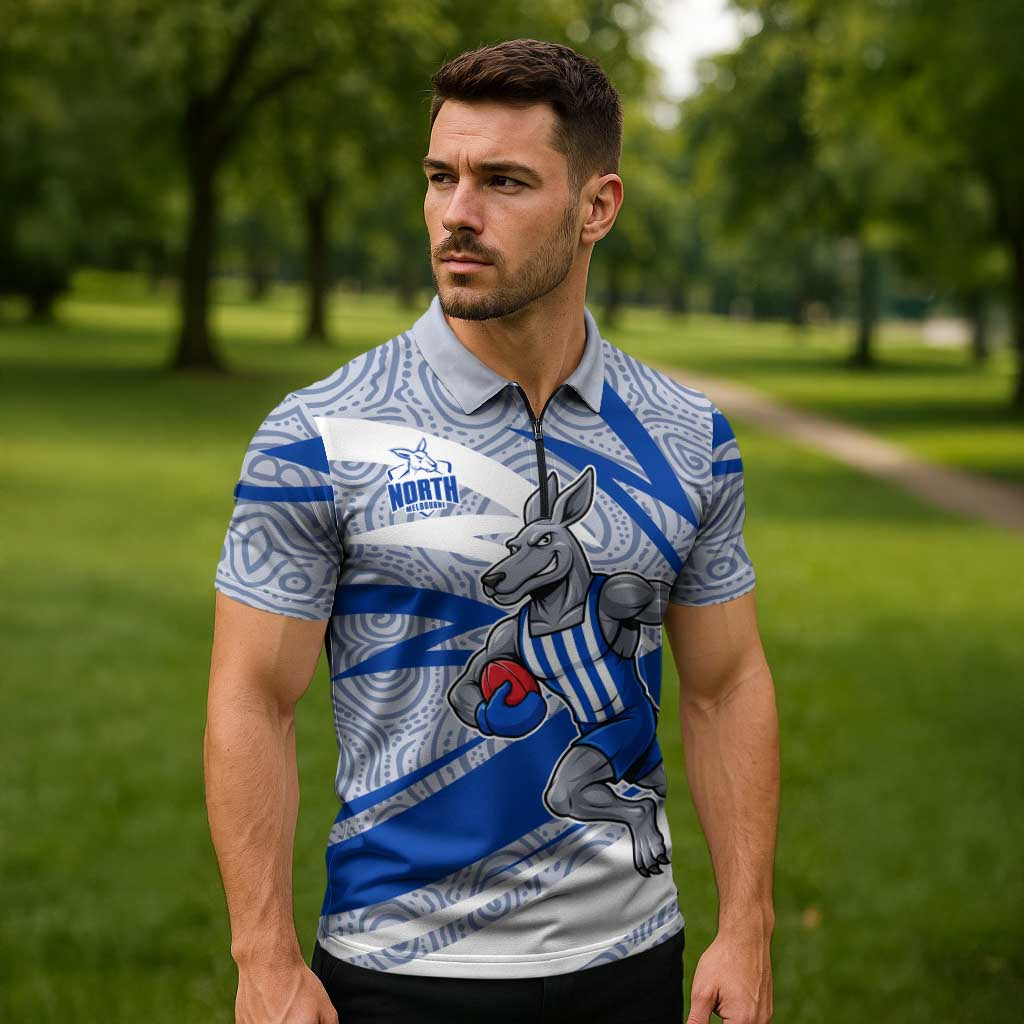 North Melbourne Kangaroos Australian Football Zipper Polo Shirt Kangaroo Mascot Design With Indigenous Pattern Art