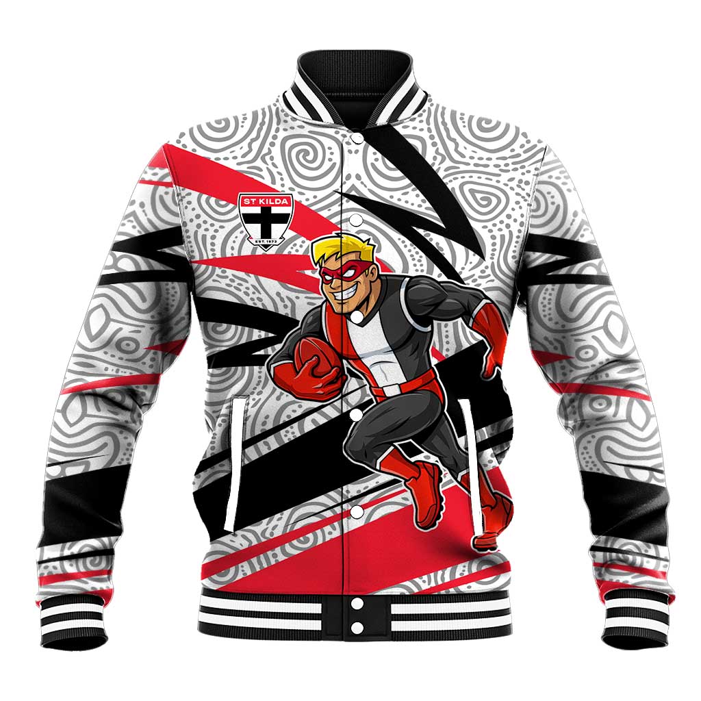St Kilda Saints Australian Football Baseball Jacket Superhero Mascot Art With Indigenous Pattern Art