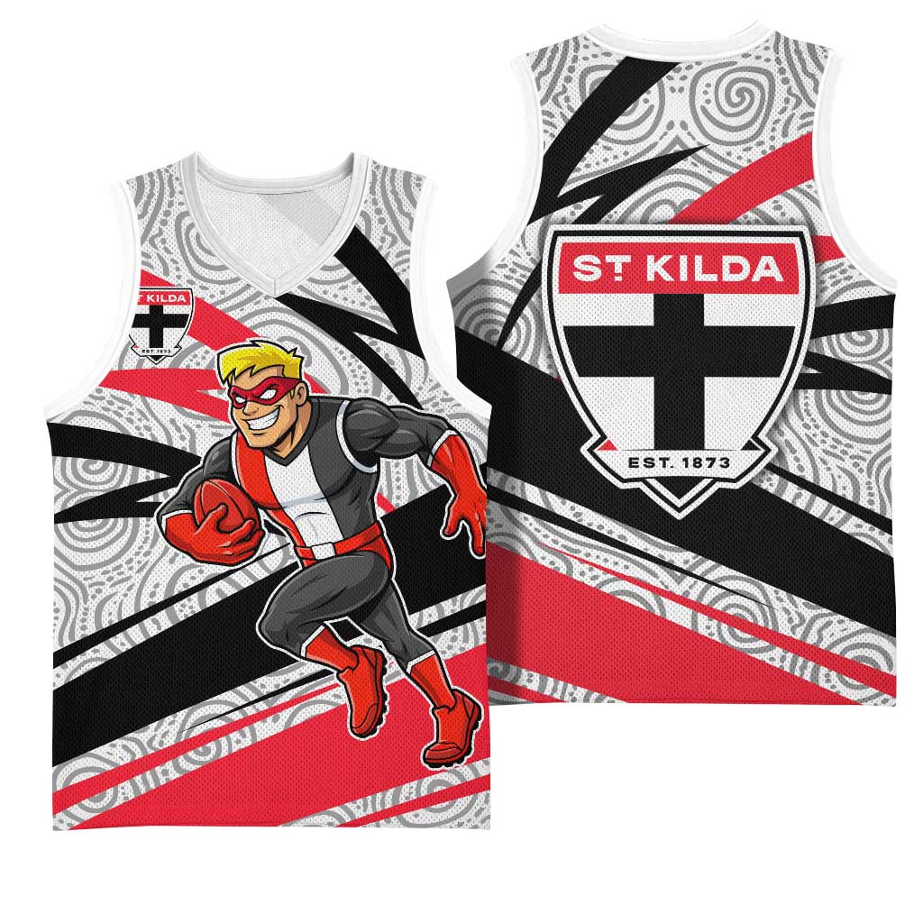 St Kilda Saints Australian Football Basketball Jersey Superhero Mascot Art With Indigenous Pattern Art
