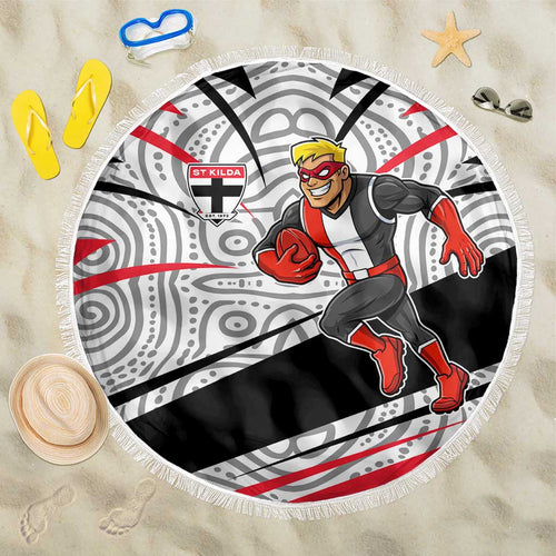 St Kilda Saints Australian Football Beach Blanket Superhero Mascot Art With Indigenous Pattern Art