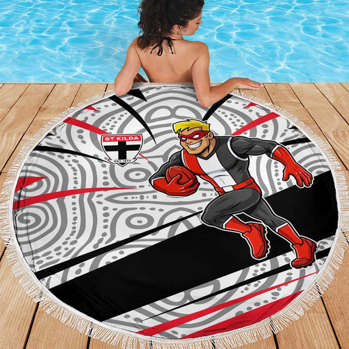 St Kilda Saints Australian Football Beach Blanket Superhero Mascot Art With Indigenous Pattern Art