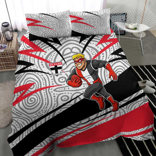 St Kilda Saints Australian Football Bedding Set Superhero Mascot Art With Indigenous Pattern Art