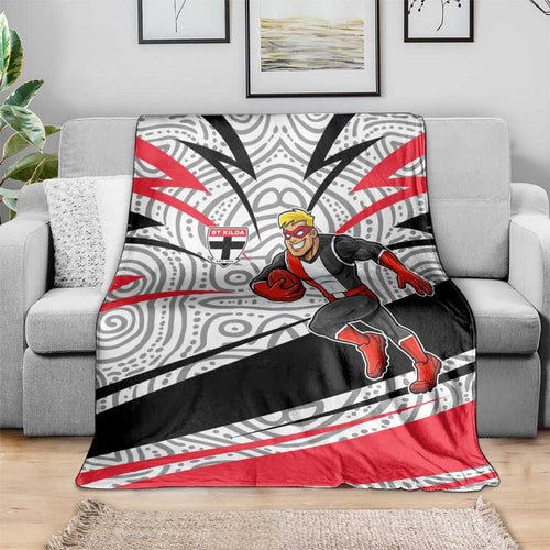 St Kilda Saints Australian Football Blanket Superhero Mascot Art With Indigenous Pattern Art