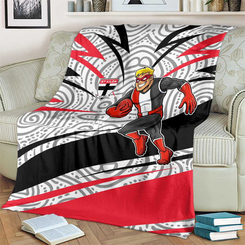 St Kilda Saints Australian Football Blanket Superhero Mascot Art With Indigenous Pattern Art