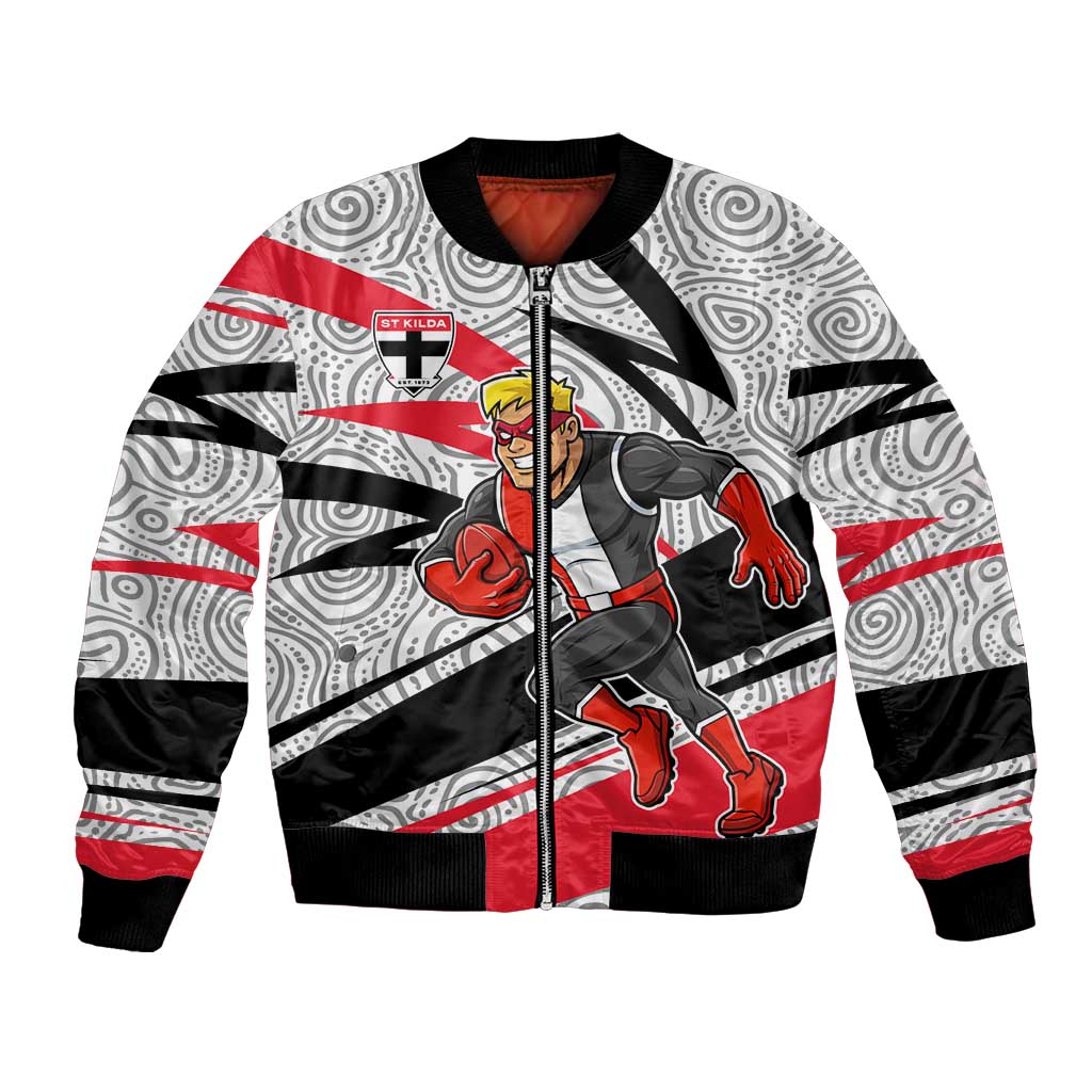 St Kilda Saints Australian Football Bomber Jacket Superhero Mascot Art With Indigenous Pattern Art