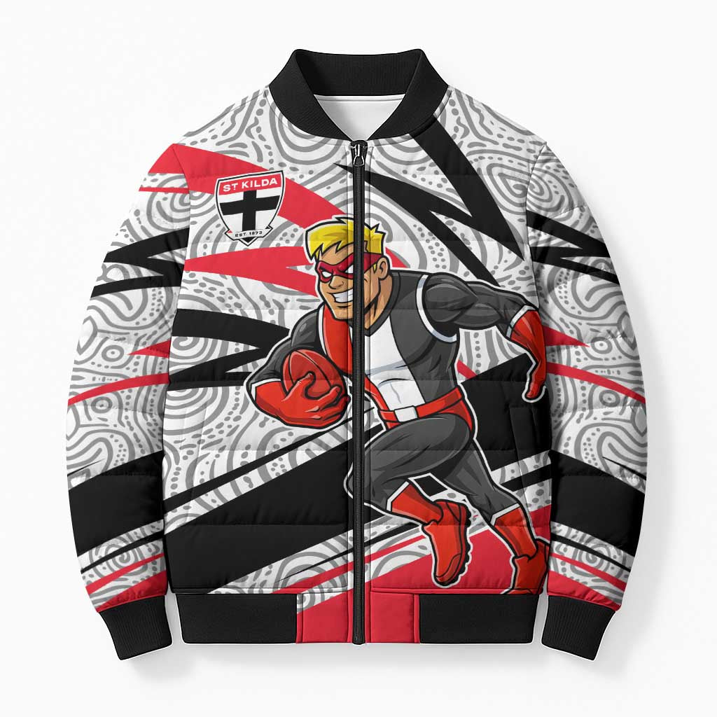St Kilda Saints Australian Football Bomber Puffer Jacket Superhero Mascot Art With Indigenous Pattern Art