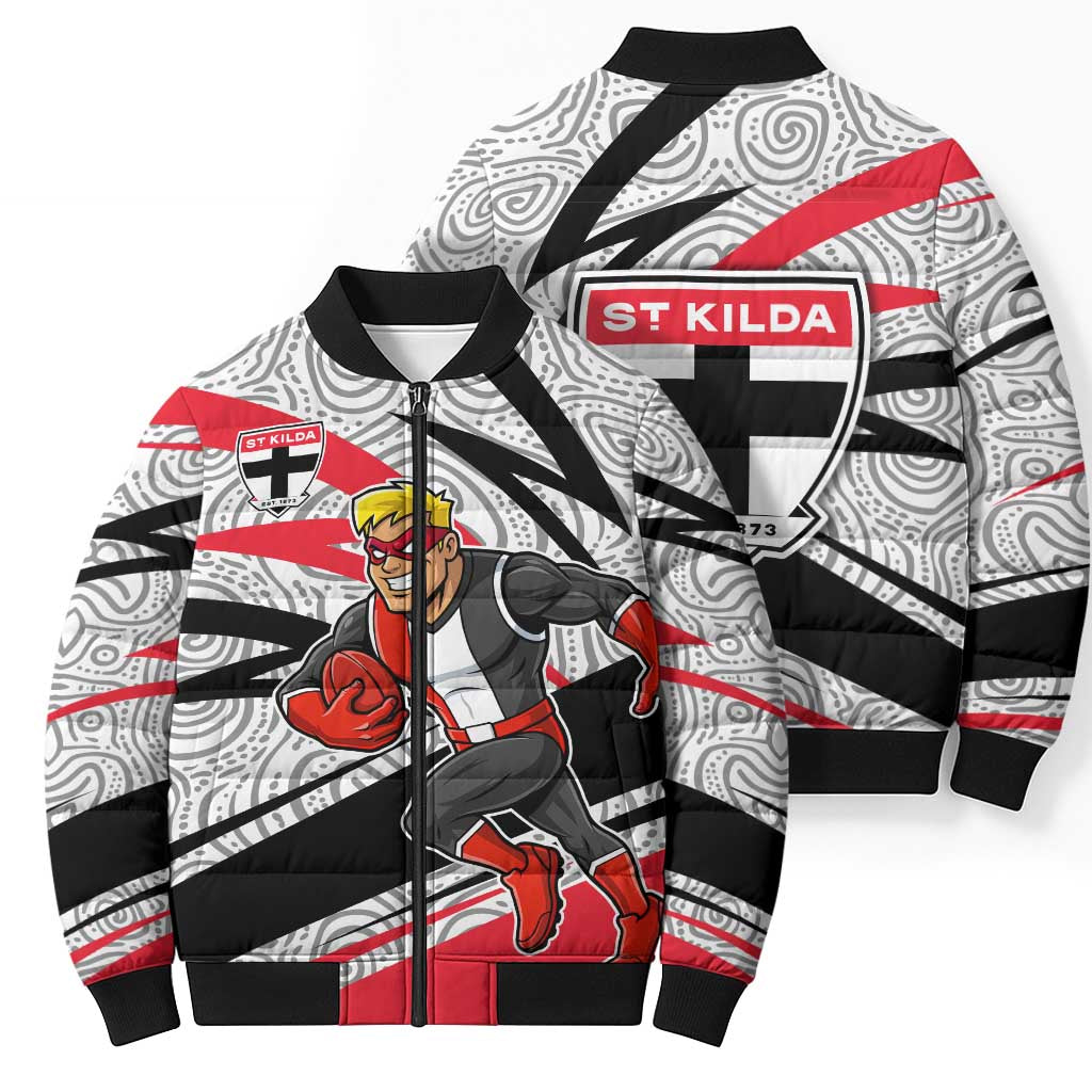 St Kilda Saints Australian Football Bomber Puffer Jacket Superhero Mascot Art With Indigenous Pattern Art