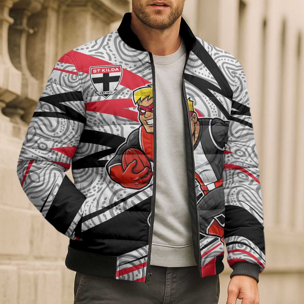 St Kilda Saints Australian Football Bomber Puffer Jacket Superhero Mascot Art With Indigenous Pattern Art