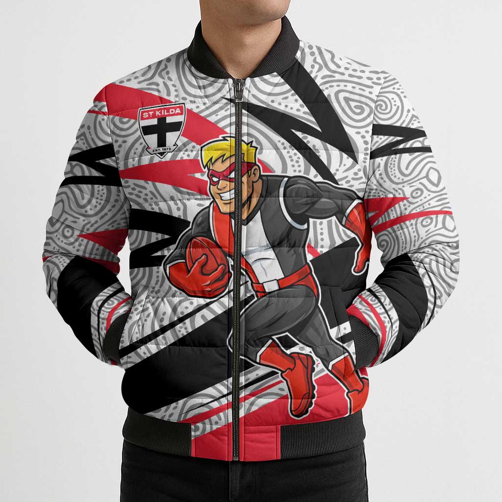 St Kilda Saints Australian Football Bomber Puffer Jacket Superhero Mascot Art With Indigenous Pattern Art