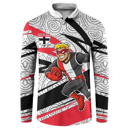 St Kilda Saints Australian Football Button Sweatshirt Superhero Mascot Art With Indigenous Pattern Art