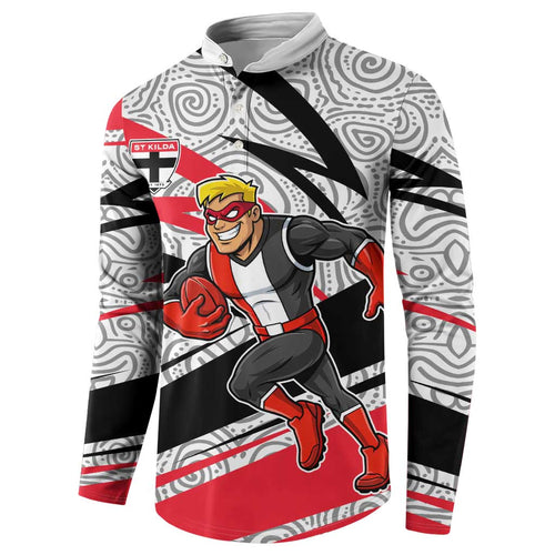 St Kilda Saints Australian Football Button Sweatshirt Superhero Mascot Art With Indigenous Pattern Art