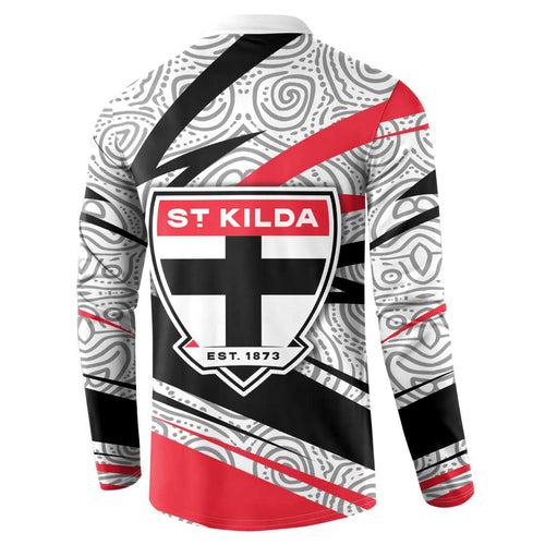 St Kilda Saints Australian Football Button Sweatshirt Superhero Mascot Art With Indigenous Pattern Art