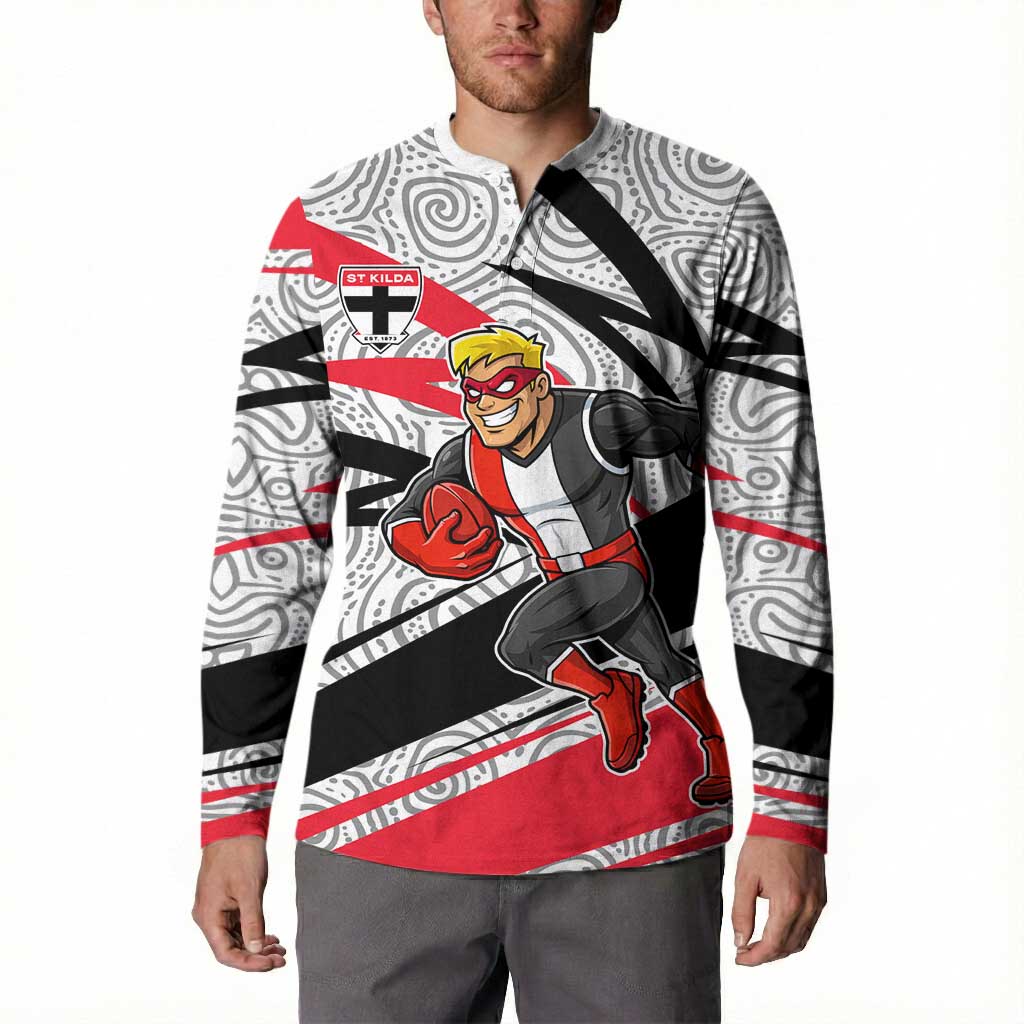 St Kilda Saints Australian Football Button Sweatshirt Superhero Mascot Art With Indigenous Pattern Art