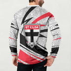 St Kilda Saints Australian Football Button Sweatshirt Superhero Mascot Art With Indigenous Pattern Art