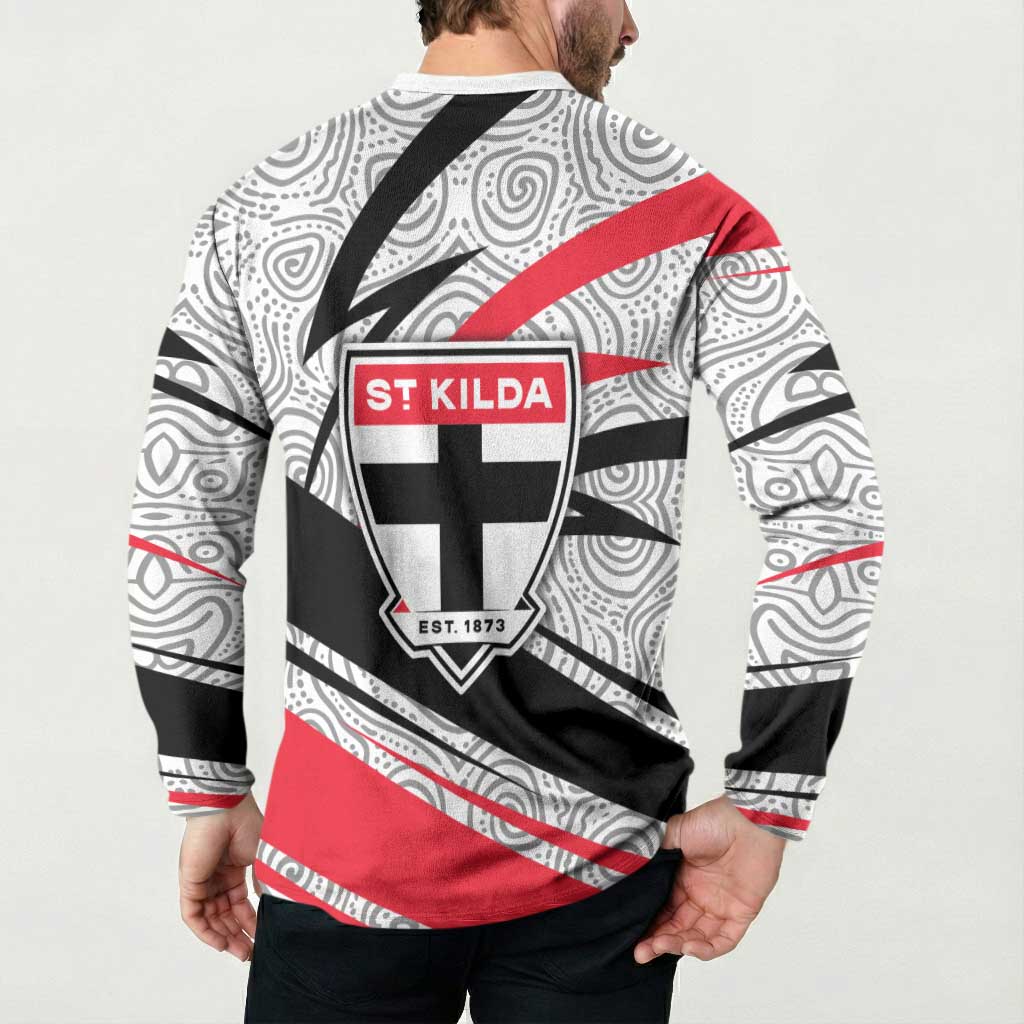 St Kilda Saints Australian Football Button Sweatshirt Superhero Mascot Art With Indigenous Pattern Art
