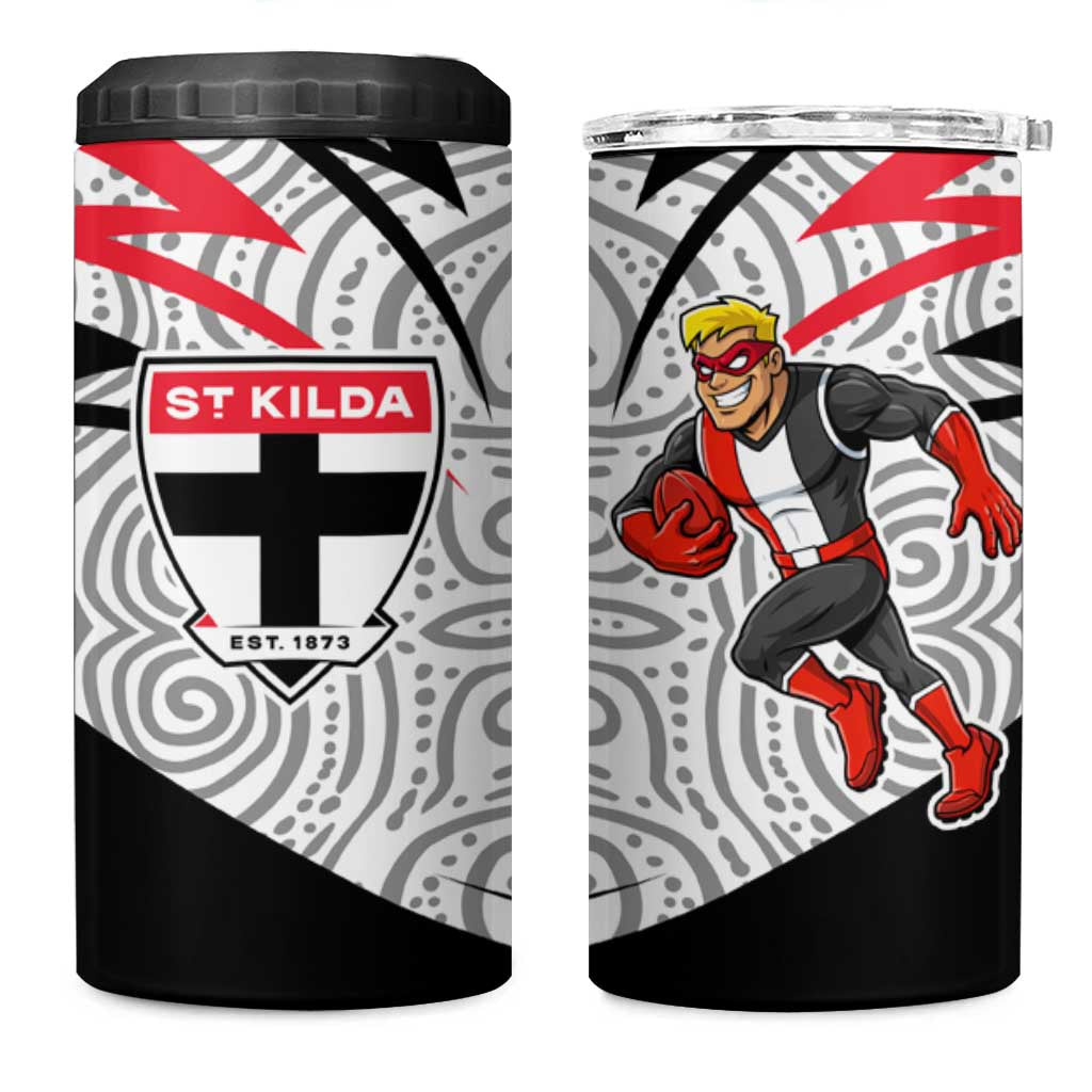 St Kilda Saints Australian Football 4 in 1 Can Cooler Tumbler Superhero Mascot Art With Indigenous Pattern Art