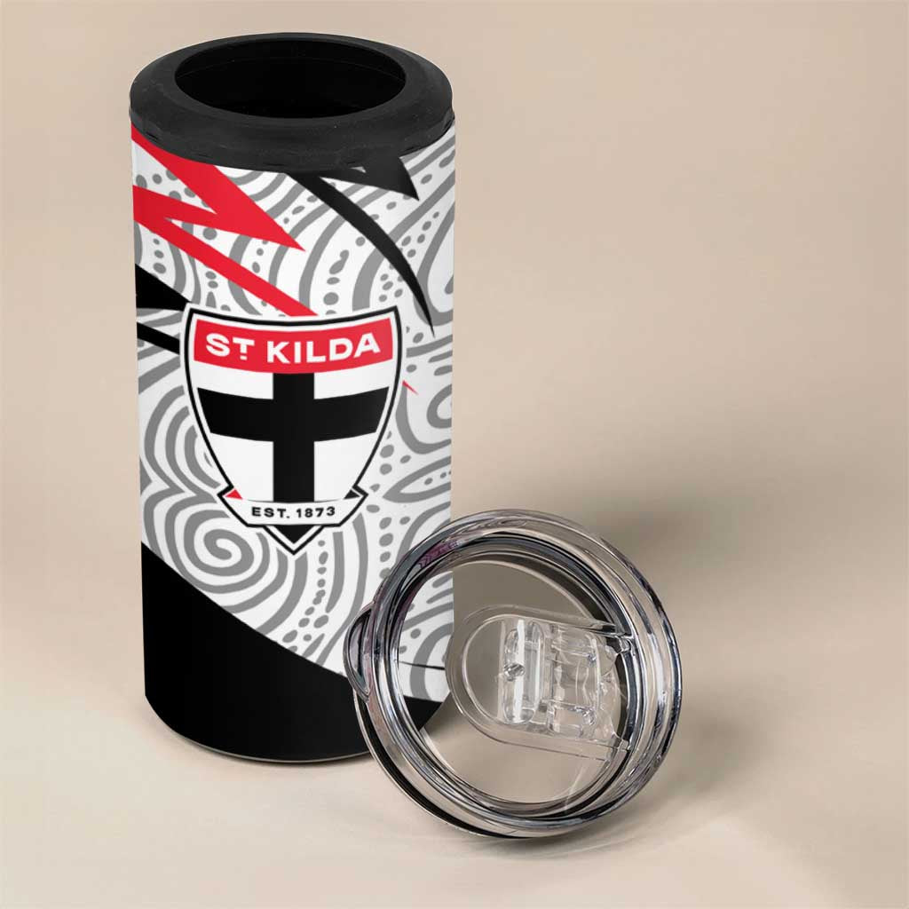 St Kilda Saints Australian Football 4 in 1 Can Cooler Tumbler Superhero Mascot Art With Indigenous Pattern Art