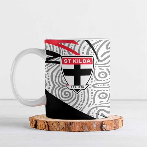 St Kilda Saints Australian Football Ceramic Mug Superhero Mascot Art With Indigenous Pattern Art