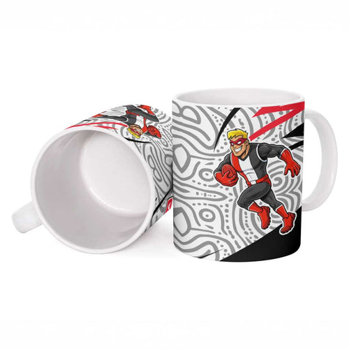 St Kilda Saints Australian Football Ceramic Mug Superhero Mascot Art With Indigenous Pattern Art