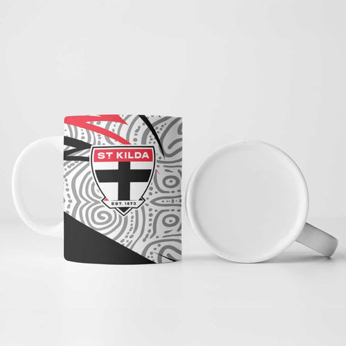 St Kilda Saints Australian Football Ceramic Mug Superhero Mascot Art With Indigenous Pattern Art