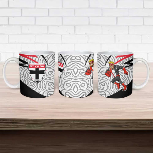 St Kilda Saints Australian Football Ceramic Mug Superhero Mascot Art With Indigenous Pattern Art