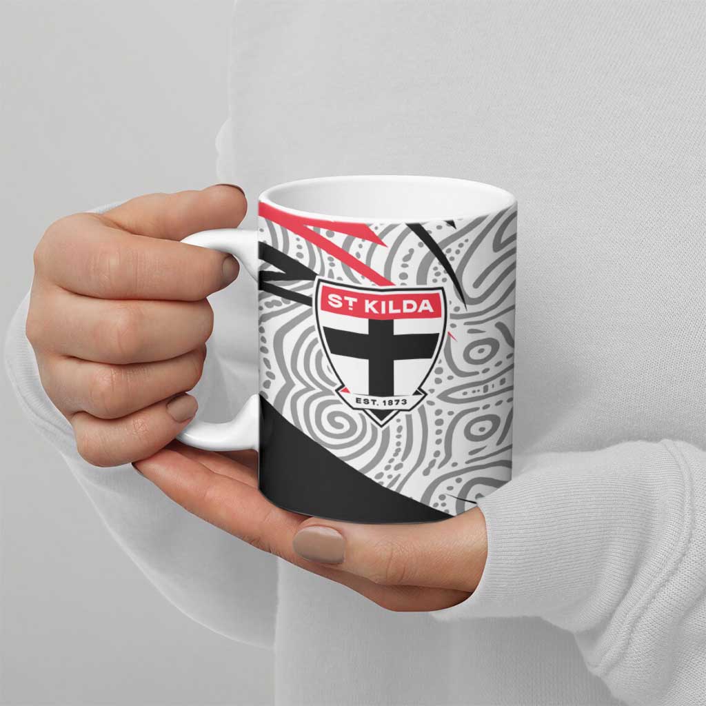 St Kilda Saints Australian Football Ceramic Mug Superhero Mascot Art With Indigenous Pattern Art