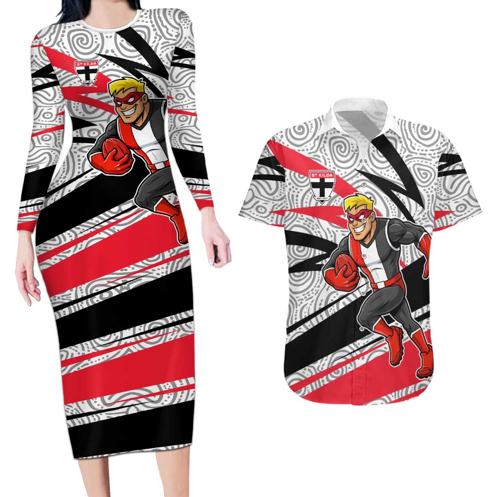 St Kilda Saints Australian Football Couples Matching Long Sleeve Bodycon Dress and Hawaiian Shirt Superhero Mascot Art With Indigenous Pattern Art