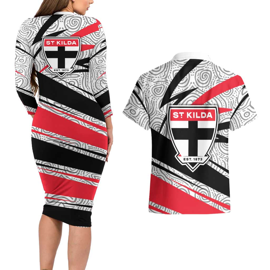 St Kilda Saints Australian Football Couples Matching Long Sleeve Bodycon Dress and Hawaiian Shirt Superhero Mascot Art With Indigenous Pattern Art