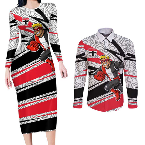 St Kilda Saints Australian Football Couples Matching Long Sleeve Bodycon Dress and Long Sleeve Button Shirt Superhero Mascot Art With Indigenous Pattern Art