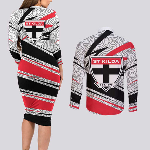 St Kilda Saints Australian Football Couples Matching Long Sleeve Bodycon Dress and Long Sleeve Button Shirt Superhero Mascot Art With Indigenous Pattern Art